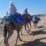 two women riding camels with Momo in Sidi Kaouki